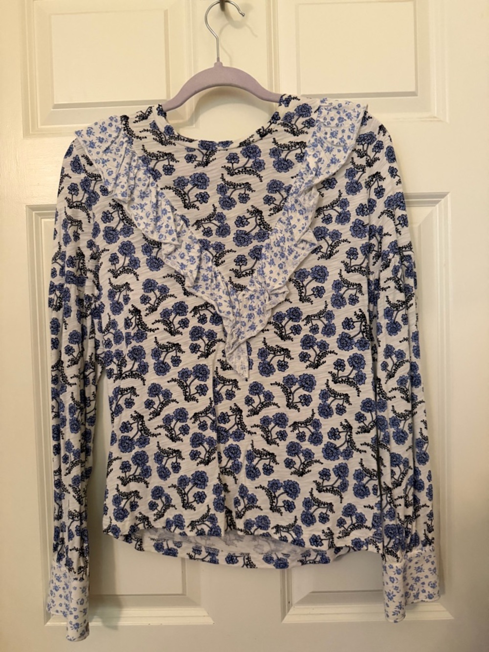 Goldie White and Blue Floral Ruffle V-Neck Blouse
